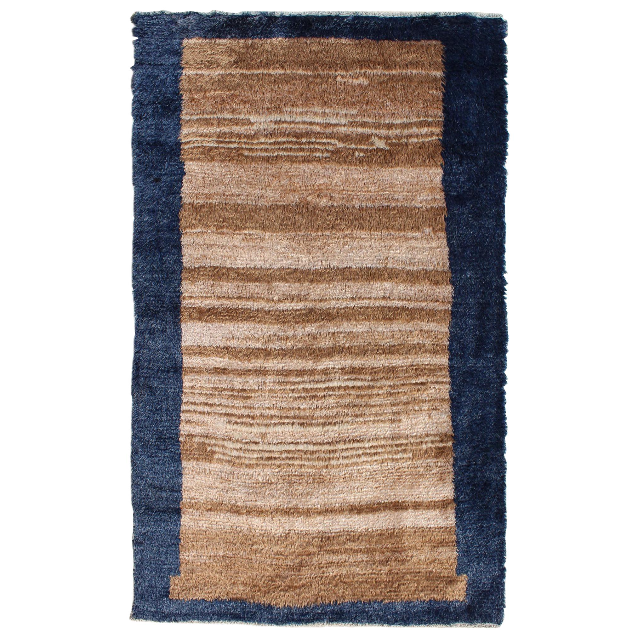 Angora Turkish Tulu Rug with Solid Field in Shades of Brown and Midnight Blue For Sale