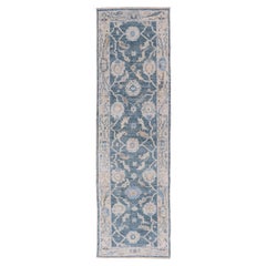 Angora Wool Hand Knotted Turkish Oushak Vibrant Blue Floral Runner