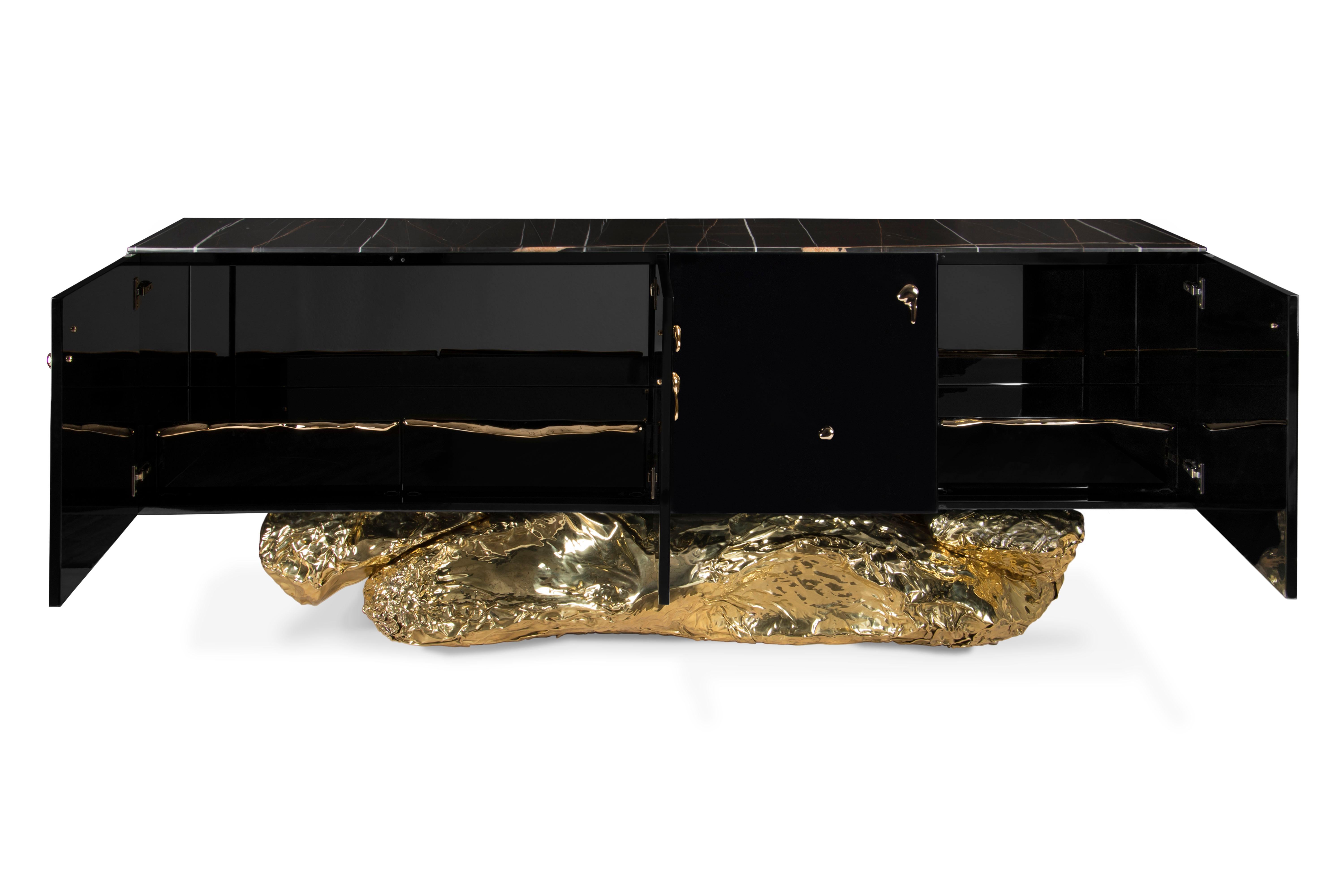 Hand-Carved Modern Contemporary Angra Black with Brass Base Sideboard by Boca do Lobo For Sale