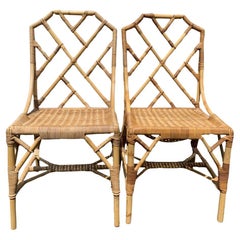 Sillas de centro de ratán y mimbre de bambú estilo Chinoiserie Angraves Chippendale - Pareja