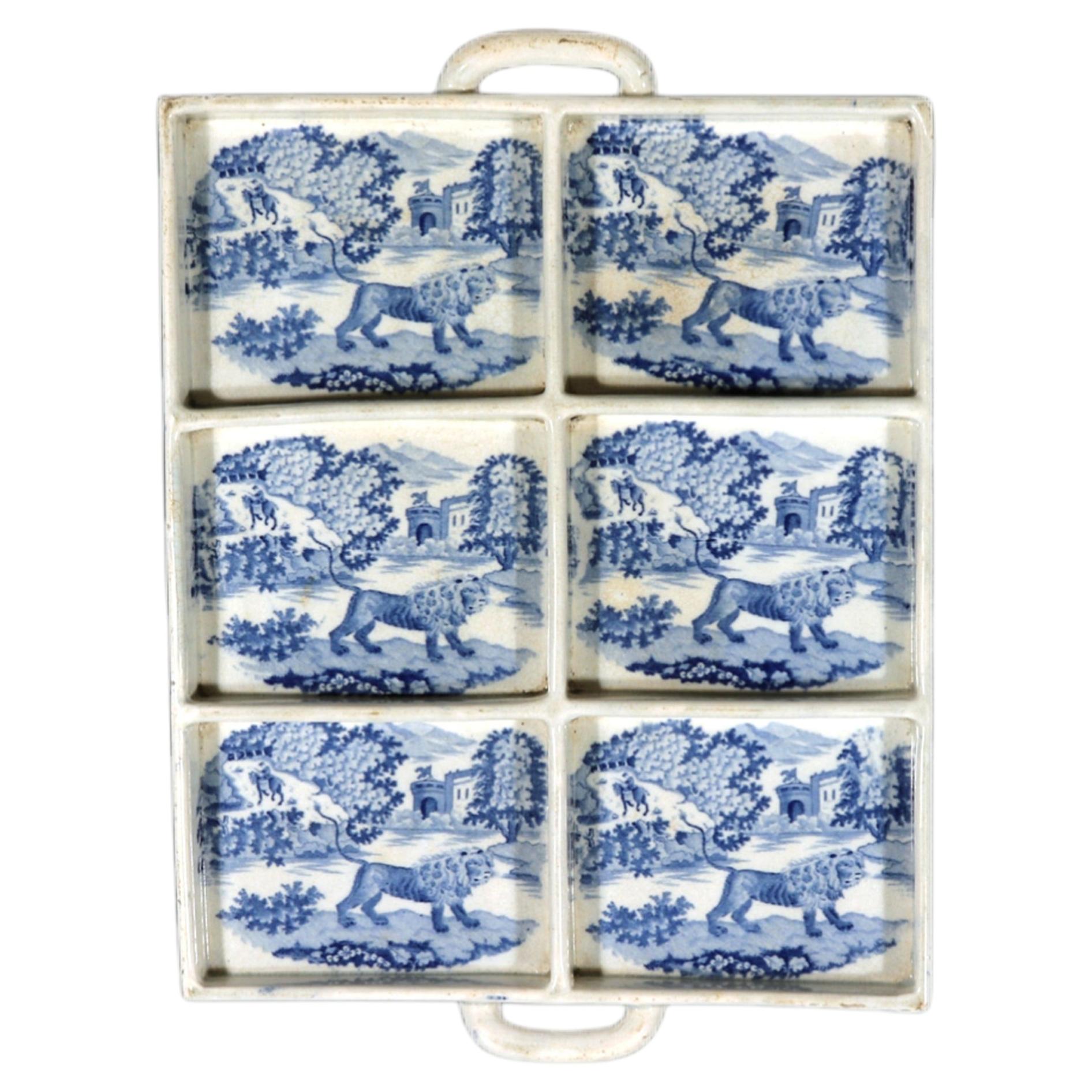 Angry Lion Pattern English Pearlware Tray, Blue Transfer Printed, Circa 1815 For Sale