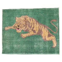 Vintage Angry Tiger Pictorial Turkish 20th Century Wool Rug