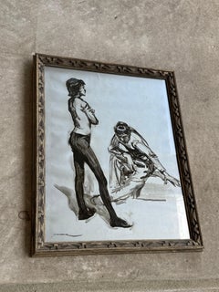 "Donna arrabbiata, uomo triste" di Manuel Monedero, acquerello su tela dorata, 1925-2002