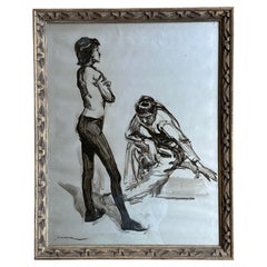 "Donna arrabbiata, uomo triste" di Manuel Monedero, acquerello su tela dorata, 1925-2002