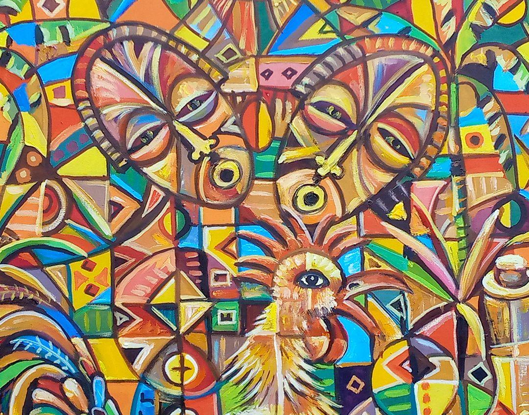 Here is a large oil painting in celebration of African juju which is a kind of voodoo.    Wikipedia explains Juju so youâ€™ll be prepared to talk about it with your guests:    â€œJuju is a spiritual belief system incorporating objects, such as