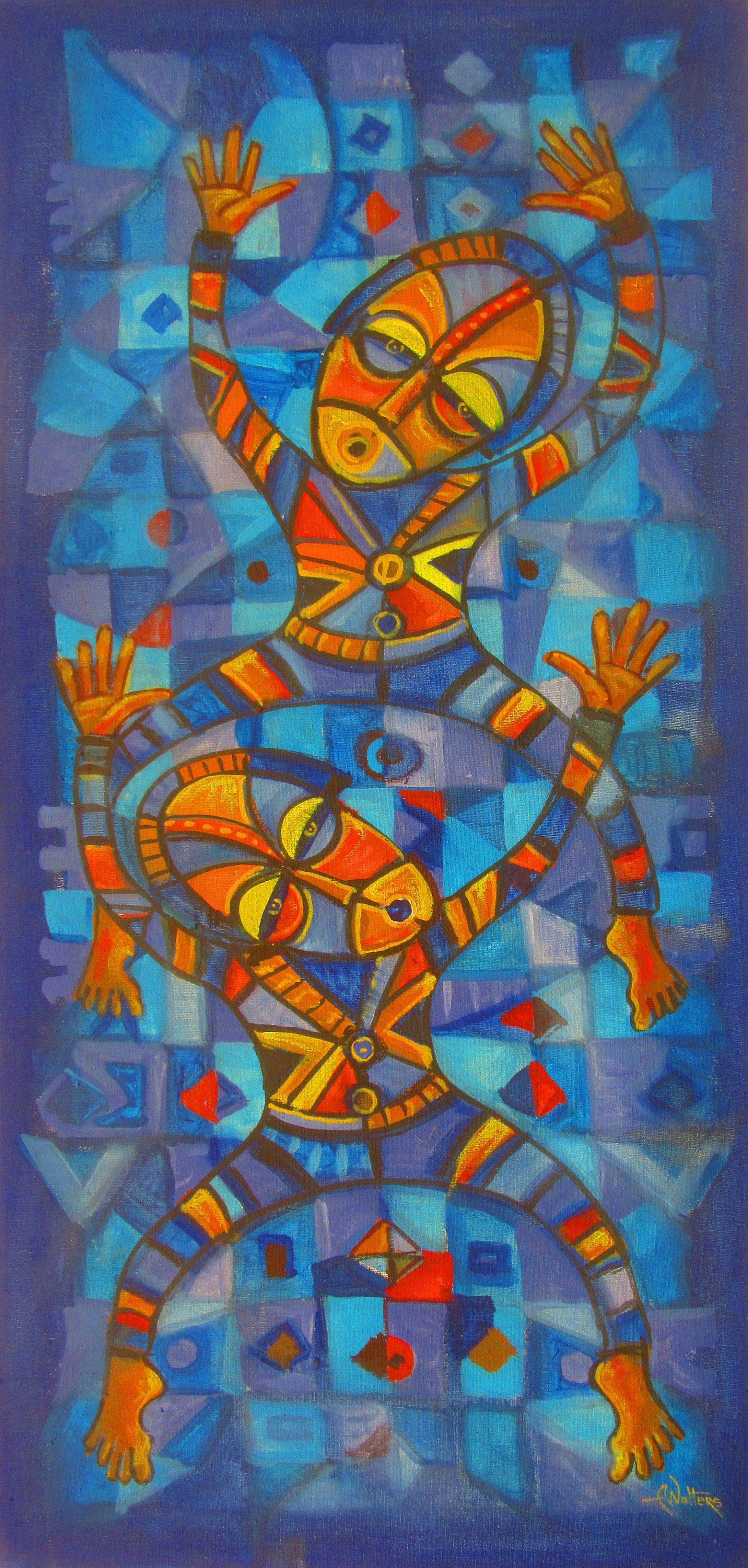 Here is a vibrant and colorful acrylic painting that celebrates the beauty and grace of African dance.    The barefoot dancers are painted in a bold expressive style, and the use of bright colors creates a sense of excitement and energy.    Dancers