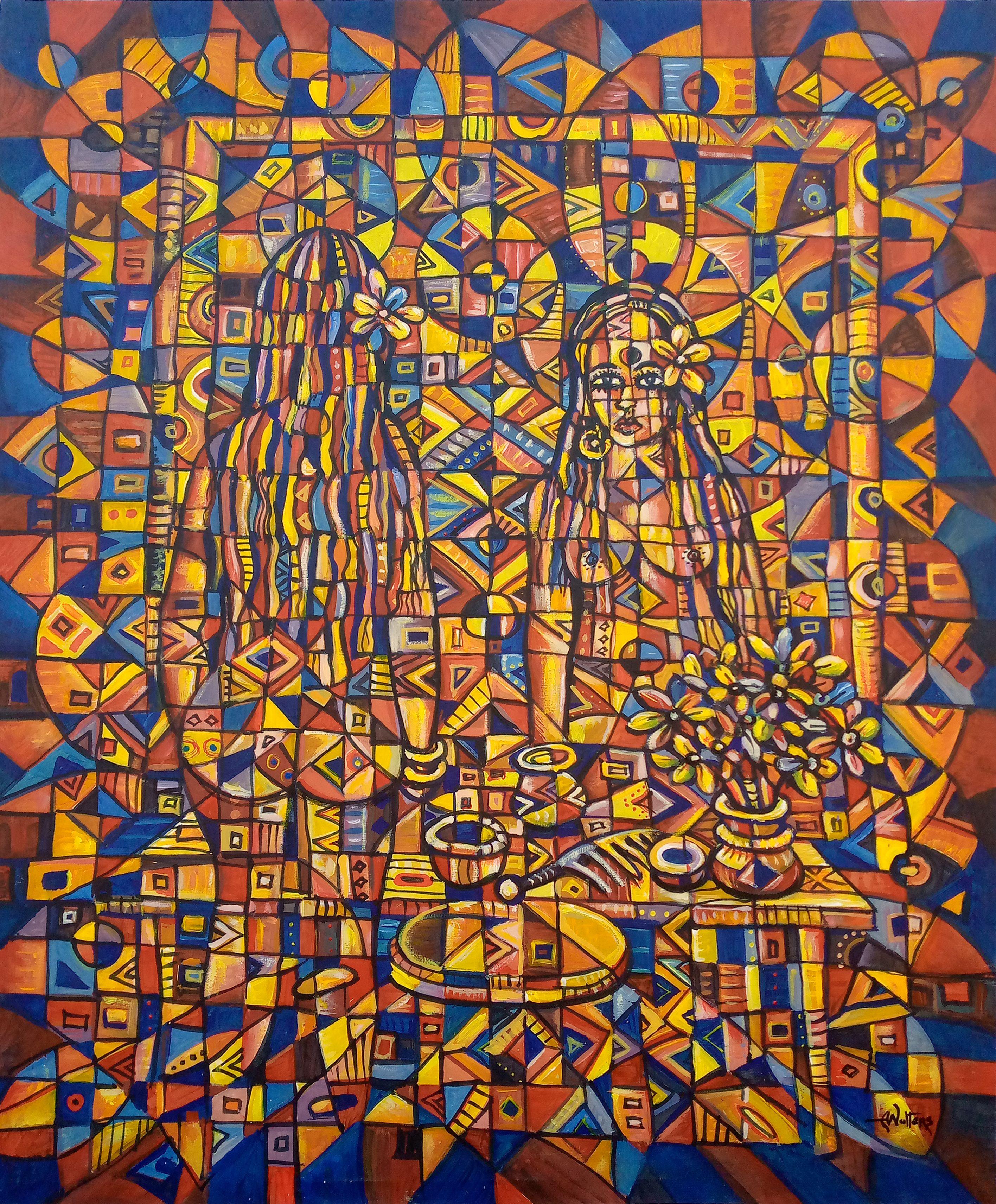 Here is an acrylic painting from Africa of a nude woman reflected in a mirror.     :: Painting :: Cubism :: This piece comes with an official certificate of authenticity signed by the artist :: Ready to Hang: No :: Signed: Yes :: Signature Location: