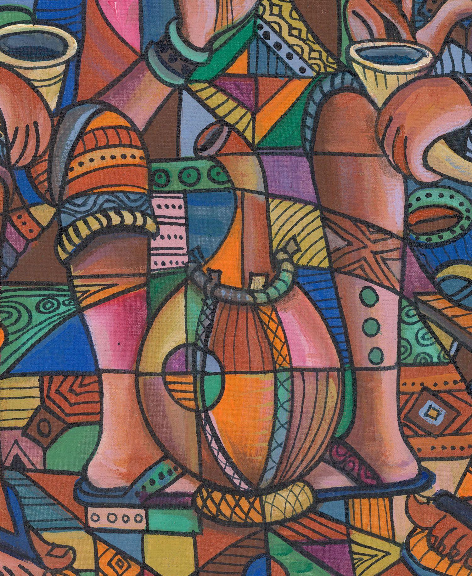 Cameroon artist Angu Walters likes to paint his idealized vision of traditional African village life. Here we see lifelong friends in conversation over drinks in a colorful tropical setting.  :: Painting :: Cubism :: This piece comes with an
