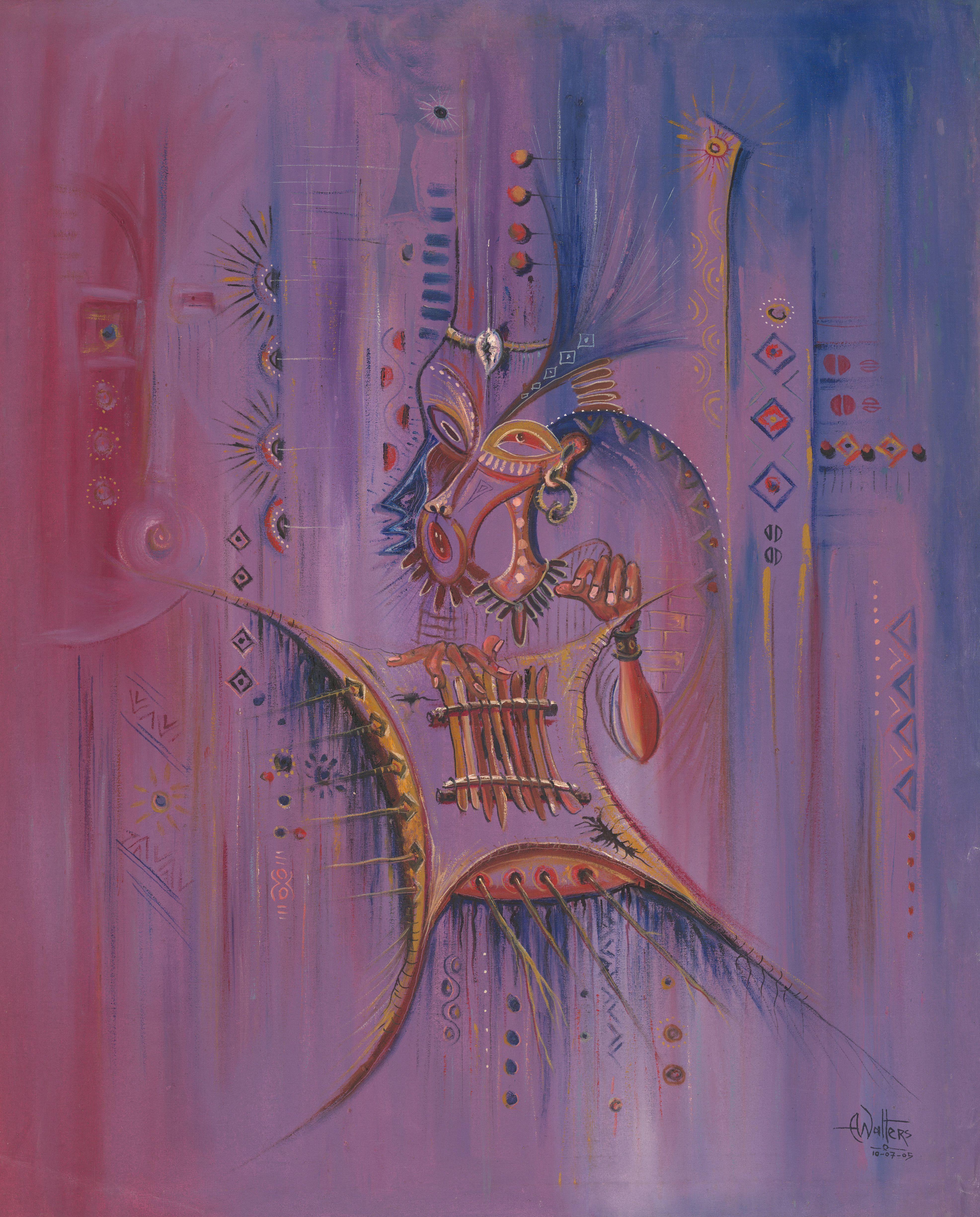 Here is an original oil painting of an African musician playing the sanza, in hues of purple and violet.    "The sanza has traditionally accompanied African praise songs honoring ancestors and revered chiefs for centuries. As a major instrument of