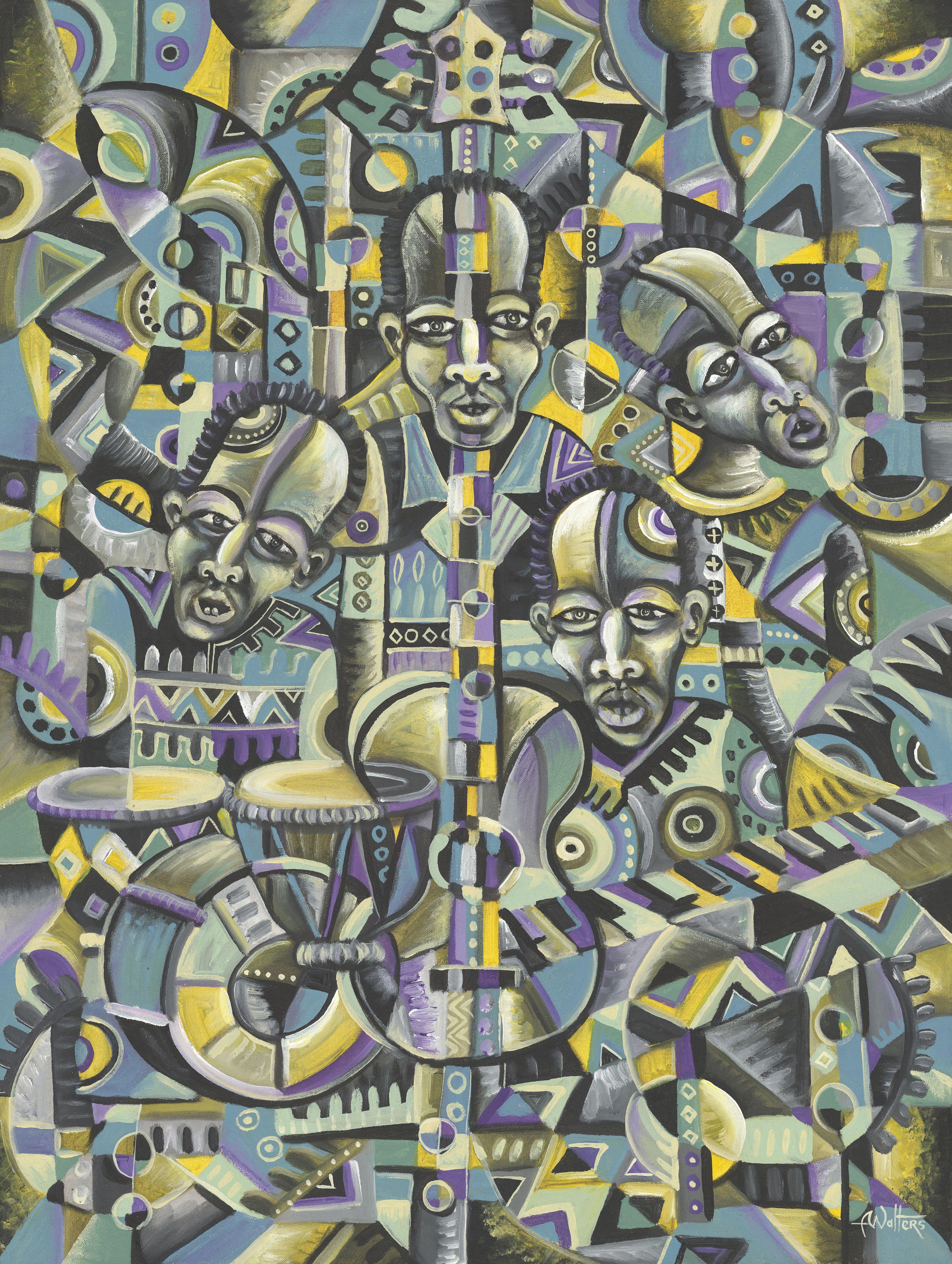 Painting of African blues musicians in muted colors by Cameroon artist Angu Walters who is himself a musician and often paints about music.  :: Painting :: Surrealism :: This piece comes with an official certificate of authenticity signed by the