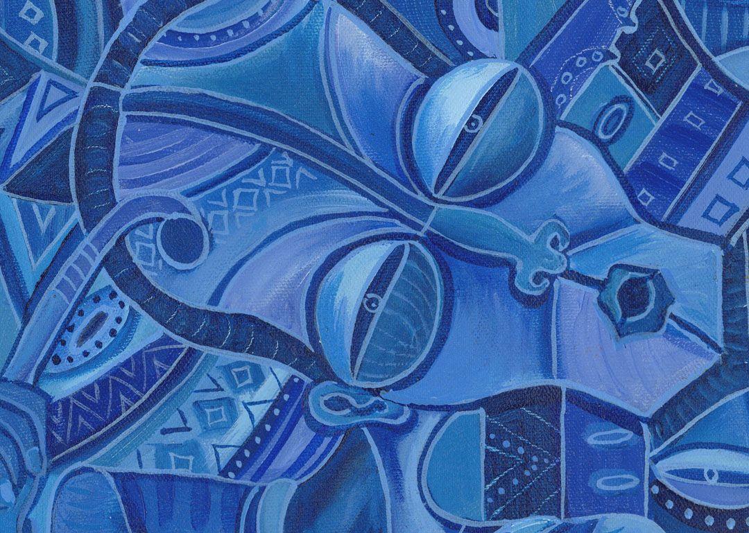Quadro luminoso e brillante di colore completamente blu, proveniente dall'Africa, raffigurante una banda musicale :: Pittura :: Espressionismo astratto :: Questo pezzo viene fornito con un certificato ufficiale di autenticità firmato dall'artista ::