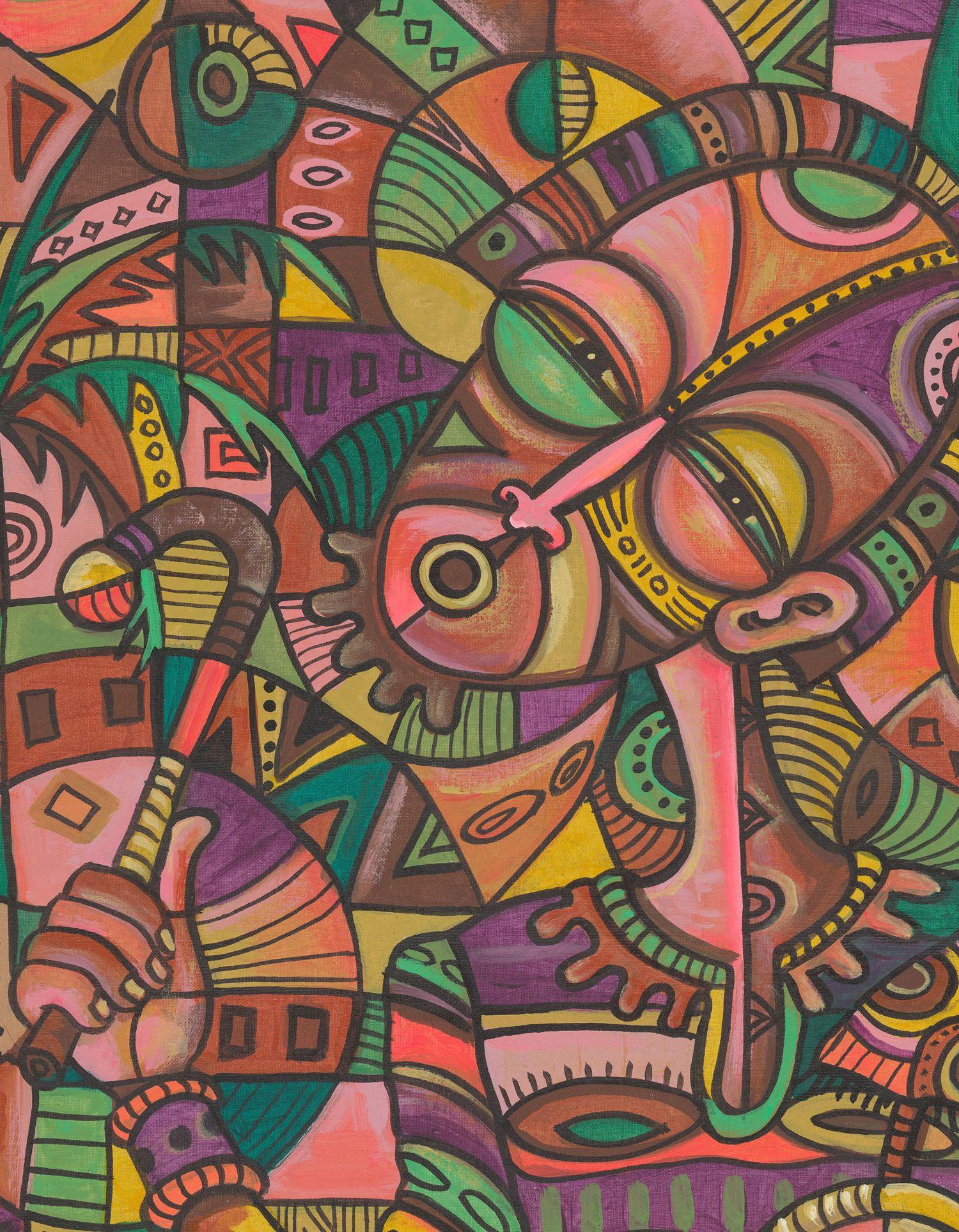 Der kamerunische Künstler Angu Walters malt oft Musiker. Auf diesem farbenfrohen Acrylgemälde ist ein afrikanischer Straßenmusiker zu sehen, der trommelt und singt und mit einer Münzschale Trinkgeld sammelt. Die Umgebung ist tropisch.  :: Malerei ::