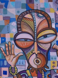 The Drummer and the Flutist IV painting from Afric, Painting, Acrylic on Canvas