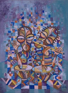 The Drummer and the Flutist IV painting from Afric, Painting, Acrylic on Canvas