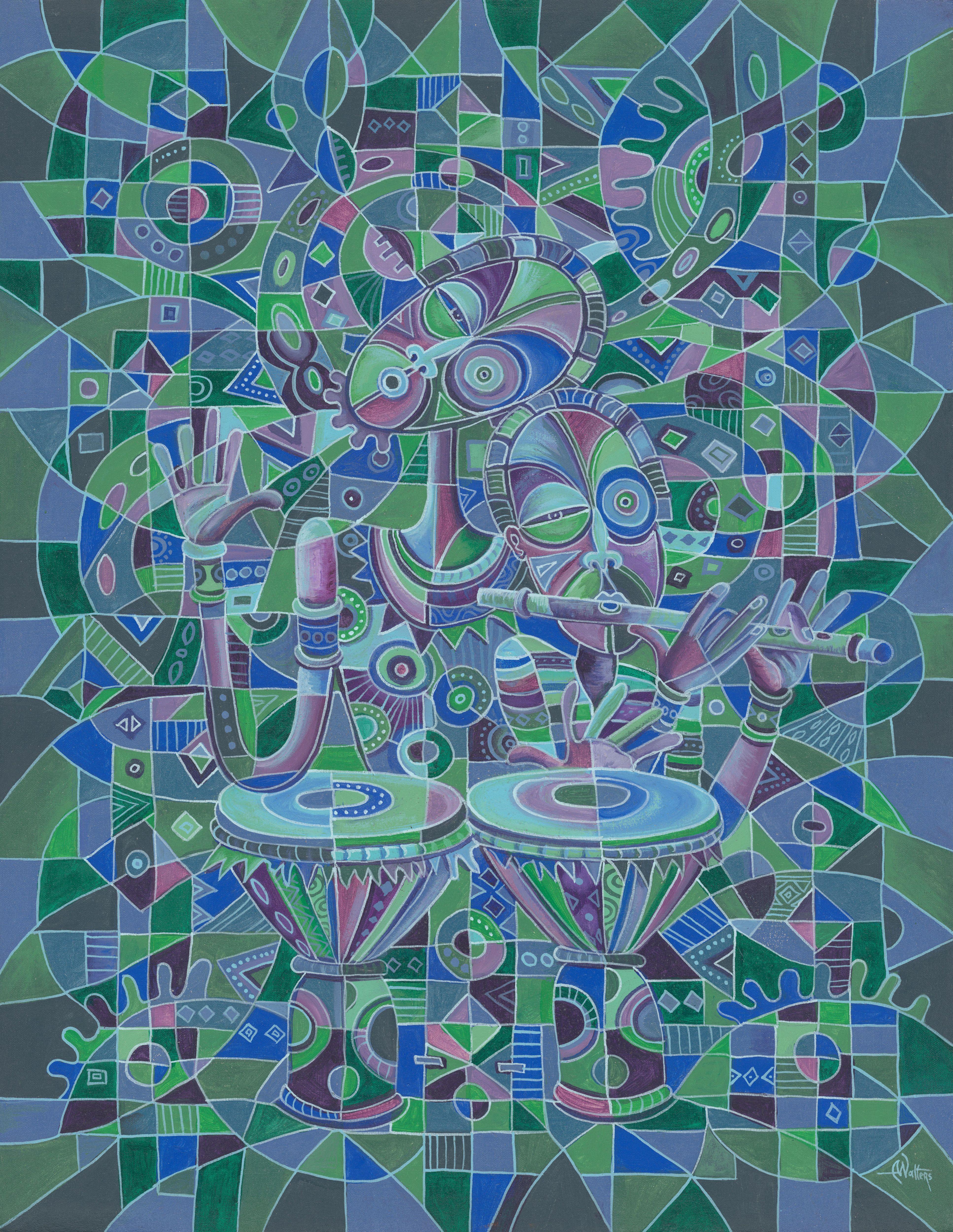 El tamborilero y el flautista V, Pintura, Acrílico sobre lienzo - Painting de Angu Walters