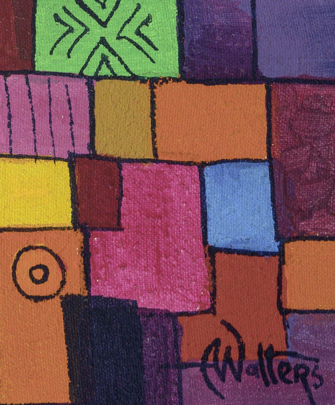 Pintada con colores acrílicos salvajemente vivos, esta impresión giclée de un cuadro original de África Central se titula Familia feliz :: Pintura :: Abstracta :: Esta obra viene con un certificado oficial de autenticidad firmado por el artista ::