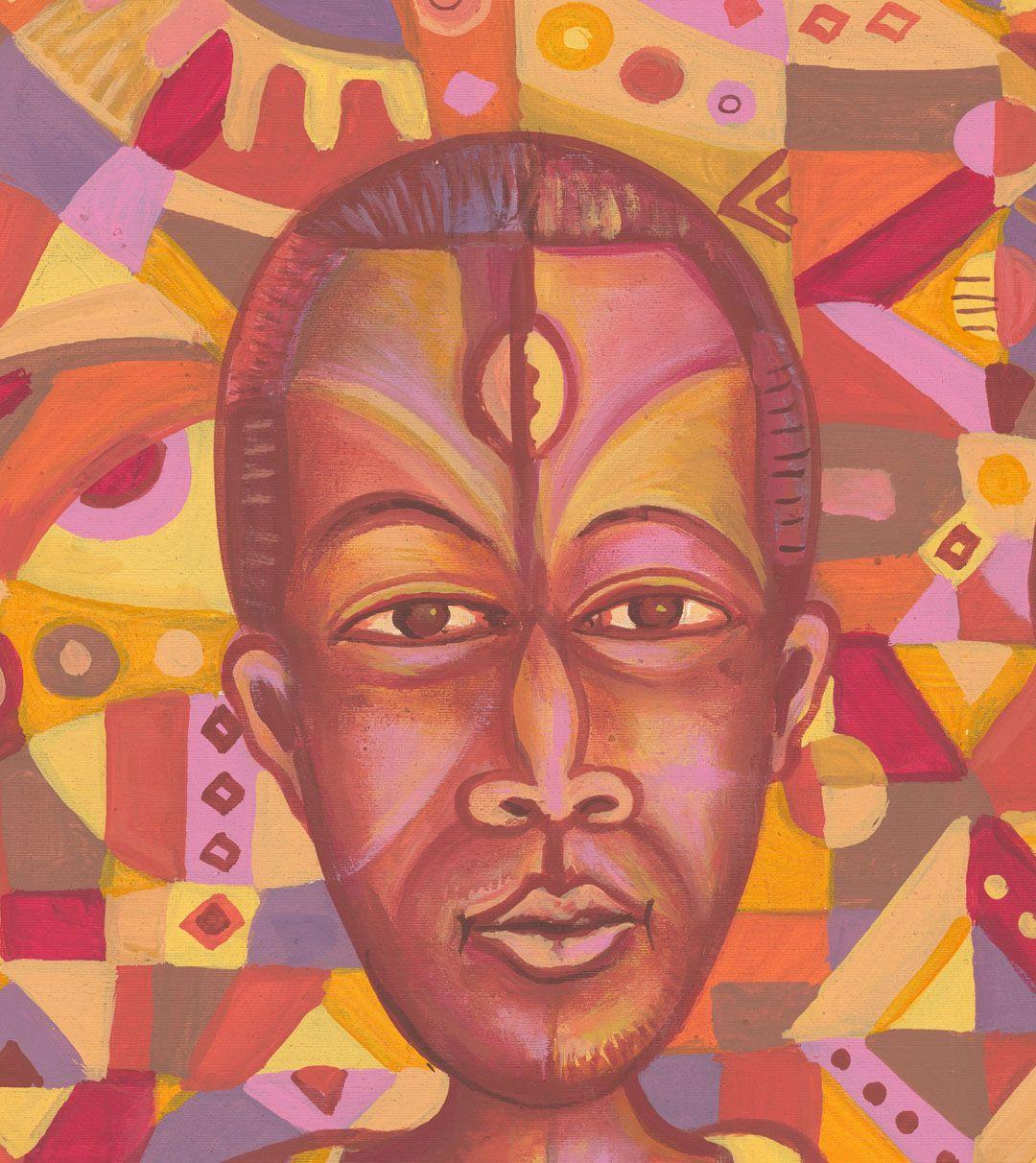 Ritratto di una giovane famiglia in Africa dell'artista camerunense Angu Walters.  :: Pittura :: Fine Art :: Questo pezzo viene fornito con un certificato ufficiale di autenticità firmato dall'artista :: Pronto da appendere: No :: Firmato: Yes ::