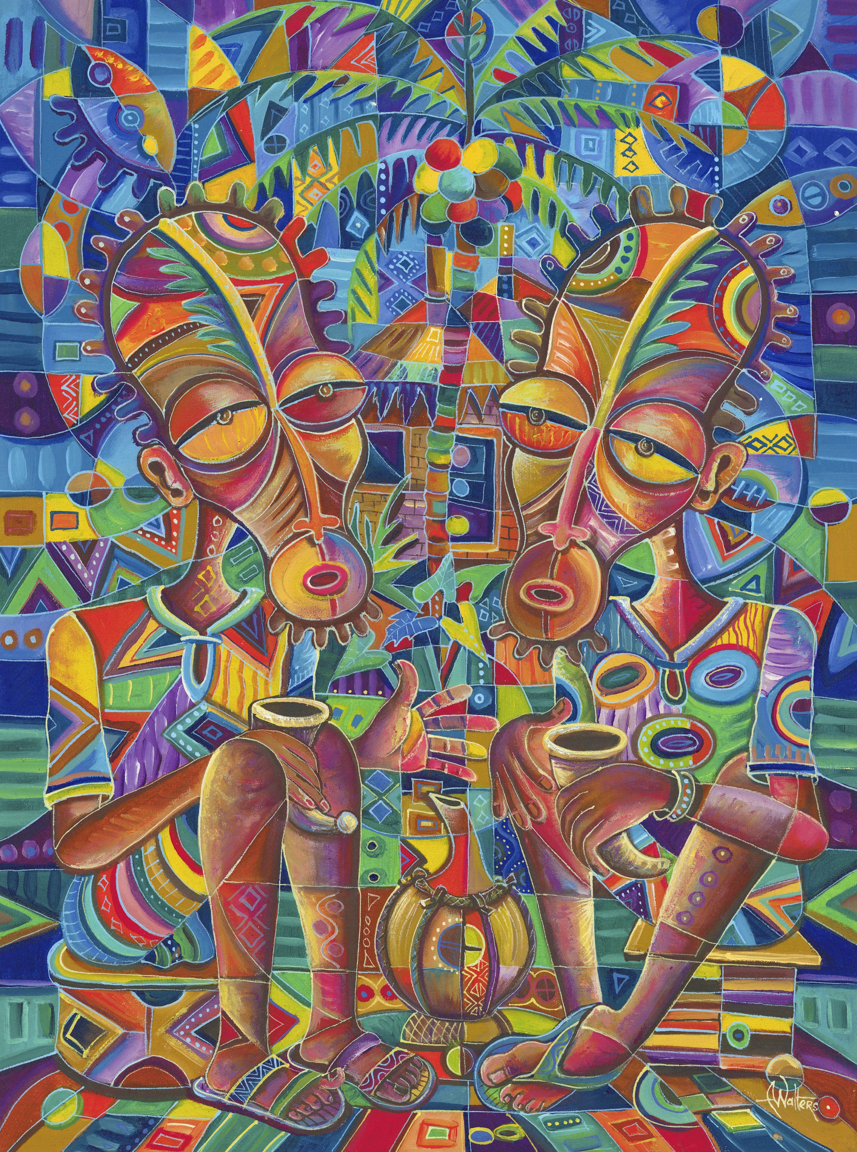 Figurative Painting di Angu Walters - Gli abitanti del villaggio felice IV, Pittura, Acrilico su tela
