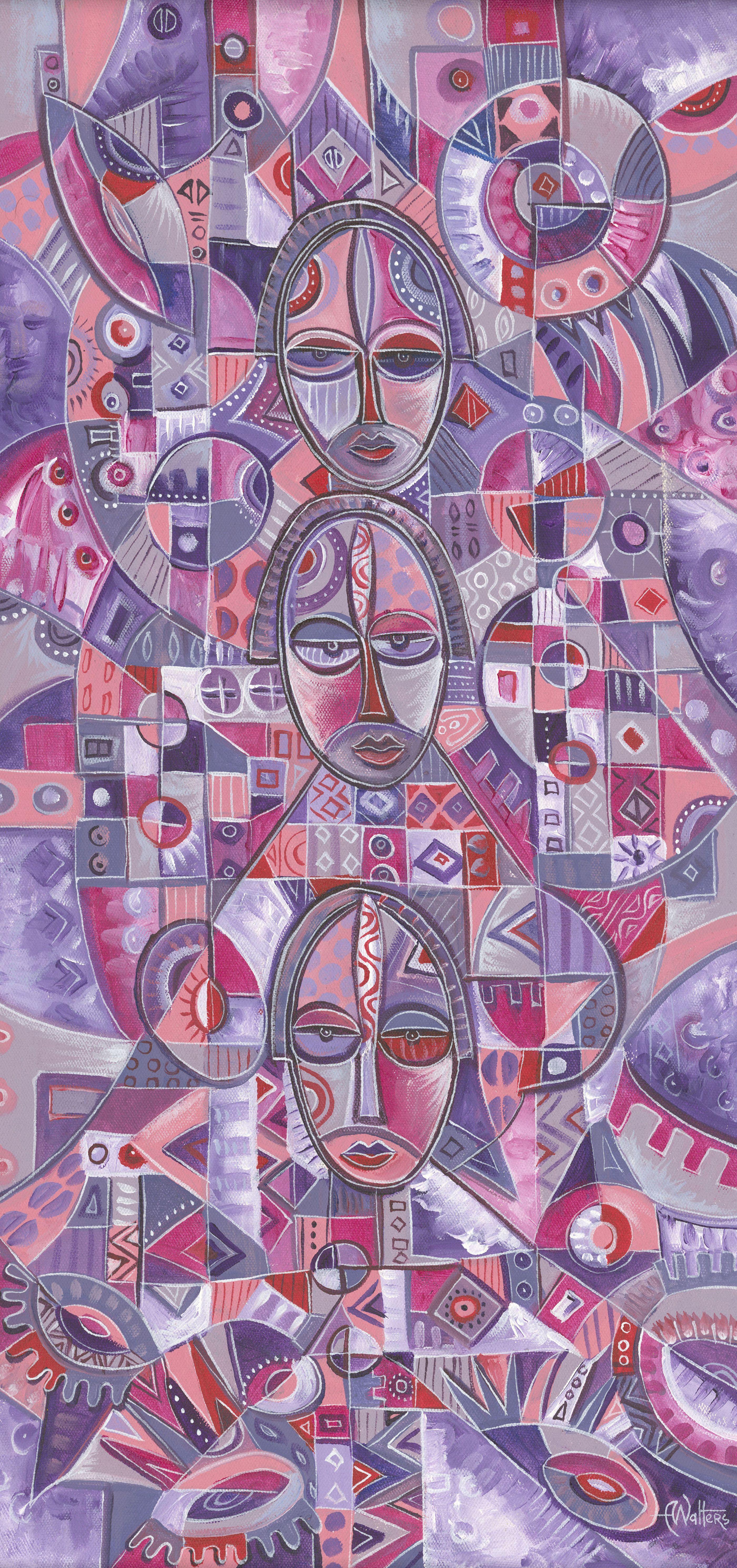 Here is a painting from Africa in sparling bright pink and violet acrylic colors of three women. :: Painting :: Surrealism :: This piece comes with an official certificate of authenticity signed by the artist :: Ready to Hang: No :: Signed: Yes ::