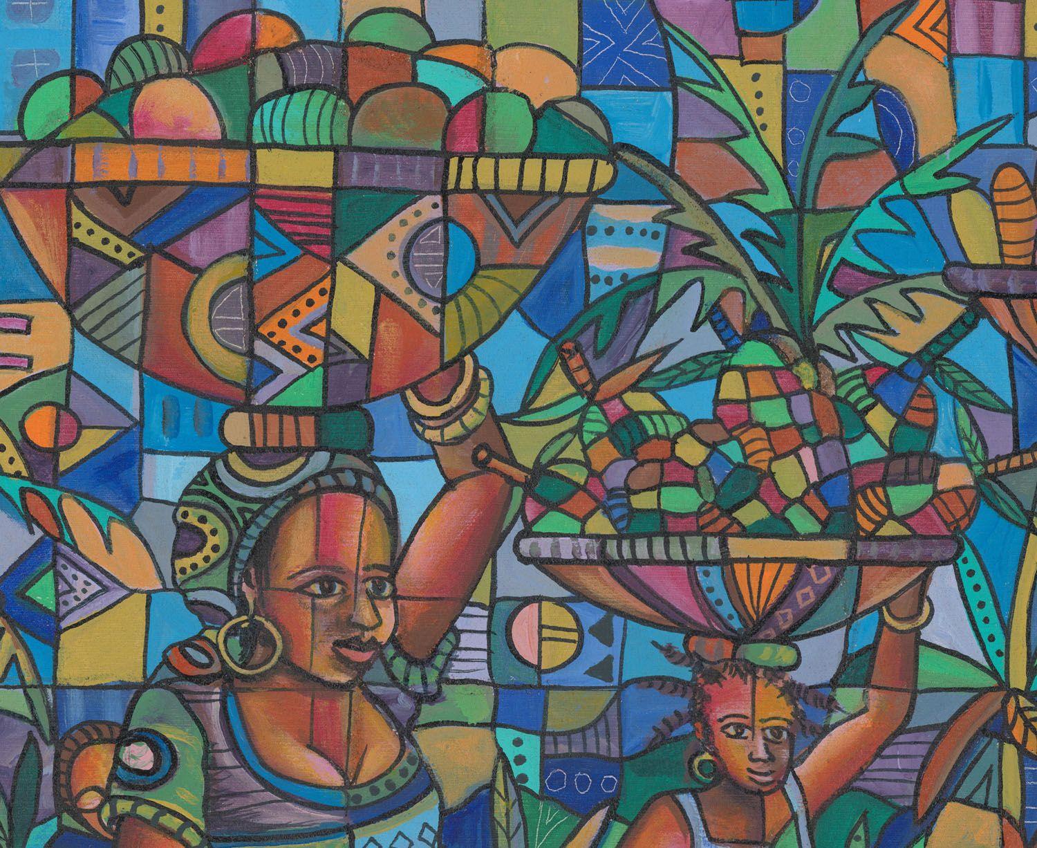 El artista camerunés Angu Walters suele pintar una visión idealizada de la vida tradicional de las aldeas africanas. Aquí vemos a mujeres y niñas caminando hacia el mercado con cestas en la cabeza en un entorno tropical.  :: Pintura :: Cubismo ::