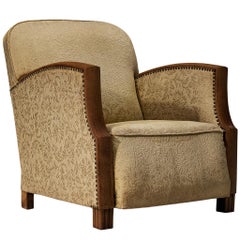 Angular Art Deco Lounge Chair in Oak and Fabric