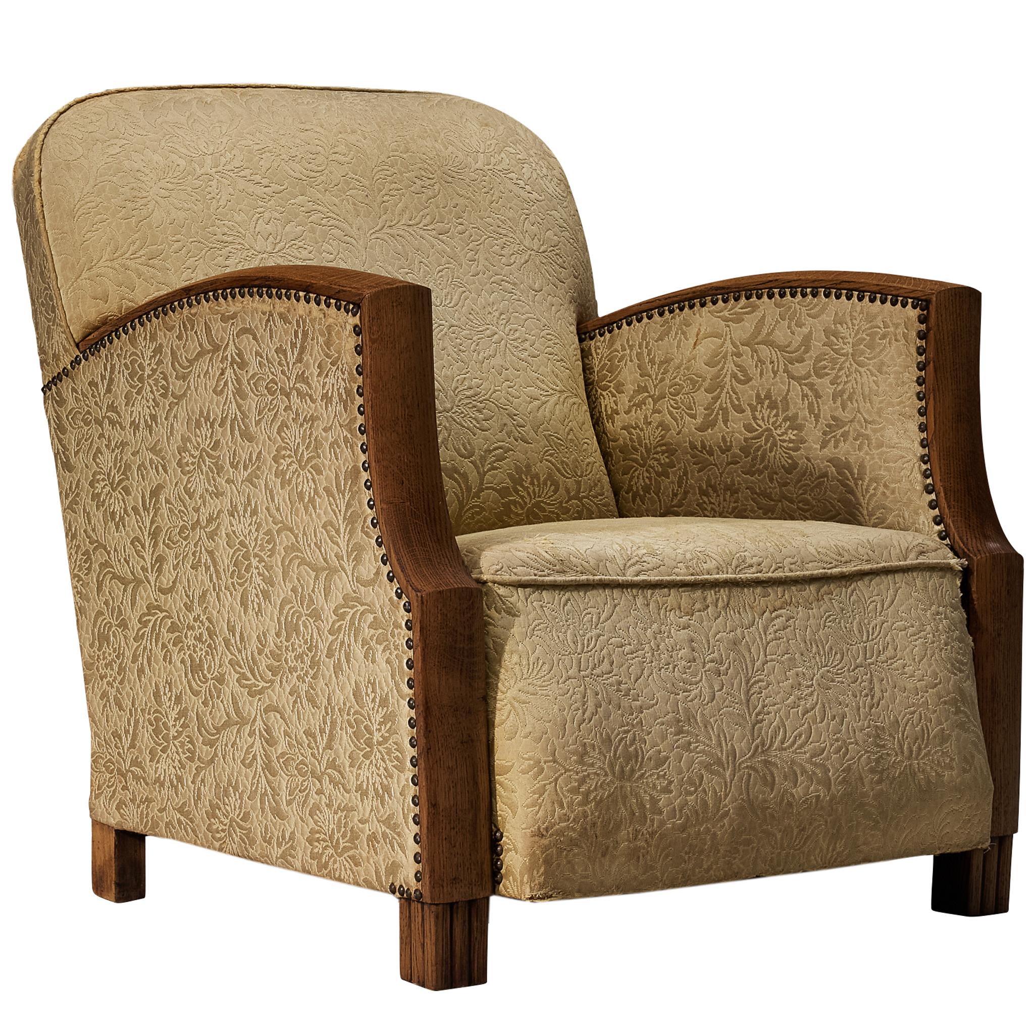 Angular Art Deco Lounge Chair in Oak and Fabric For Sale
