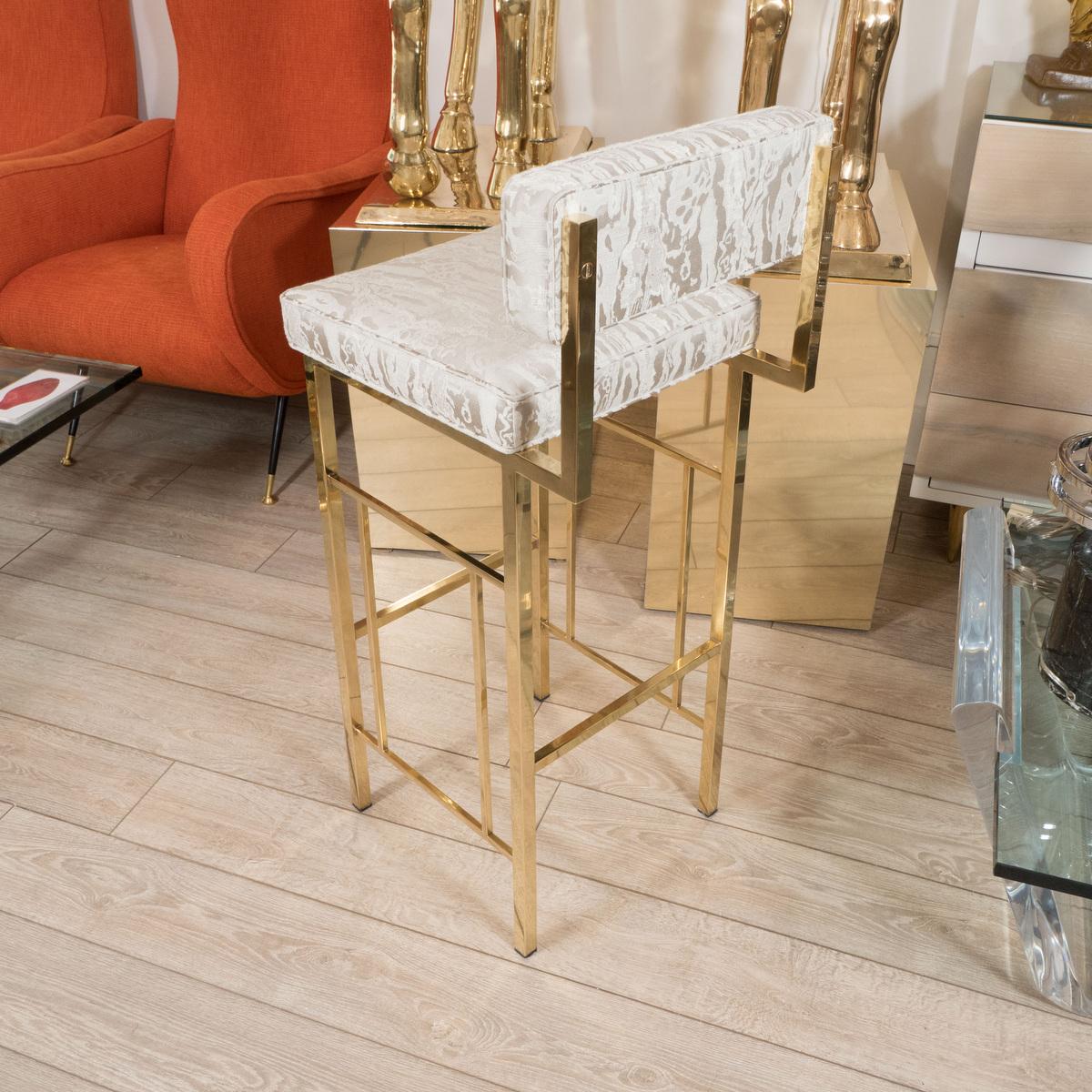 Italian Angular Brass Bar Stool with Upholstered Seat and Back