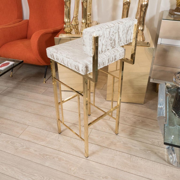 Angular Brass Bar Stool with Upholstered Seat and Back For Sale at 1stDibs