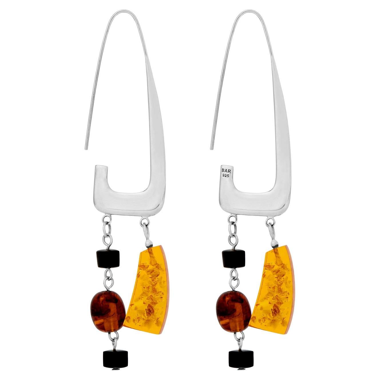 Angular Drop Earrings with Resin Detail in Recycled Silver For Sale