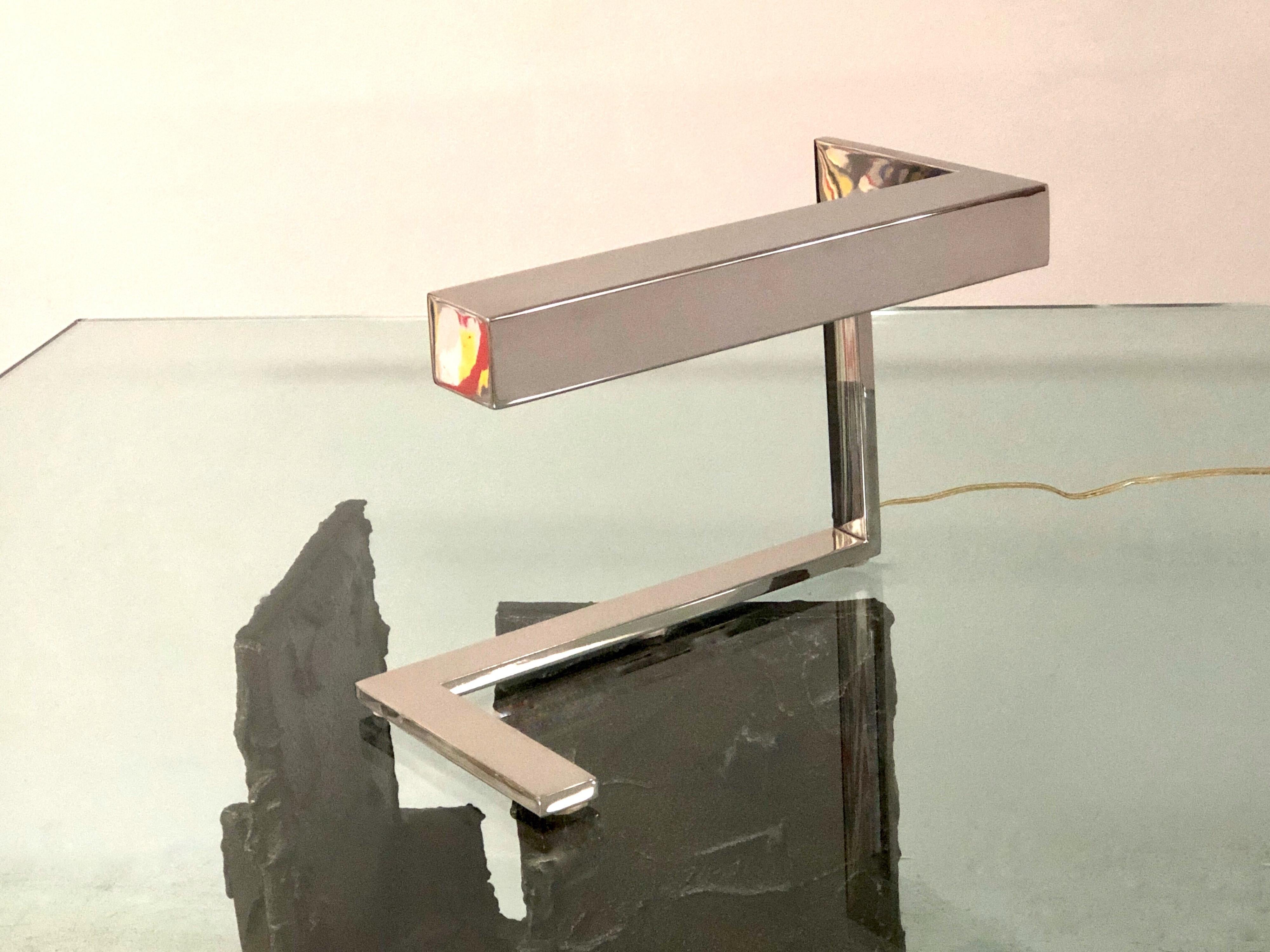 Angular Geometric Desk Table Chrome Mid Century Lamp, 1970s In Good Condition In Miami, FL