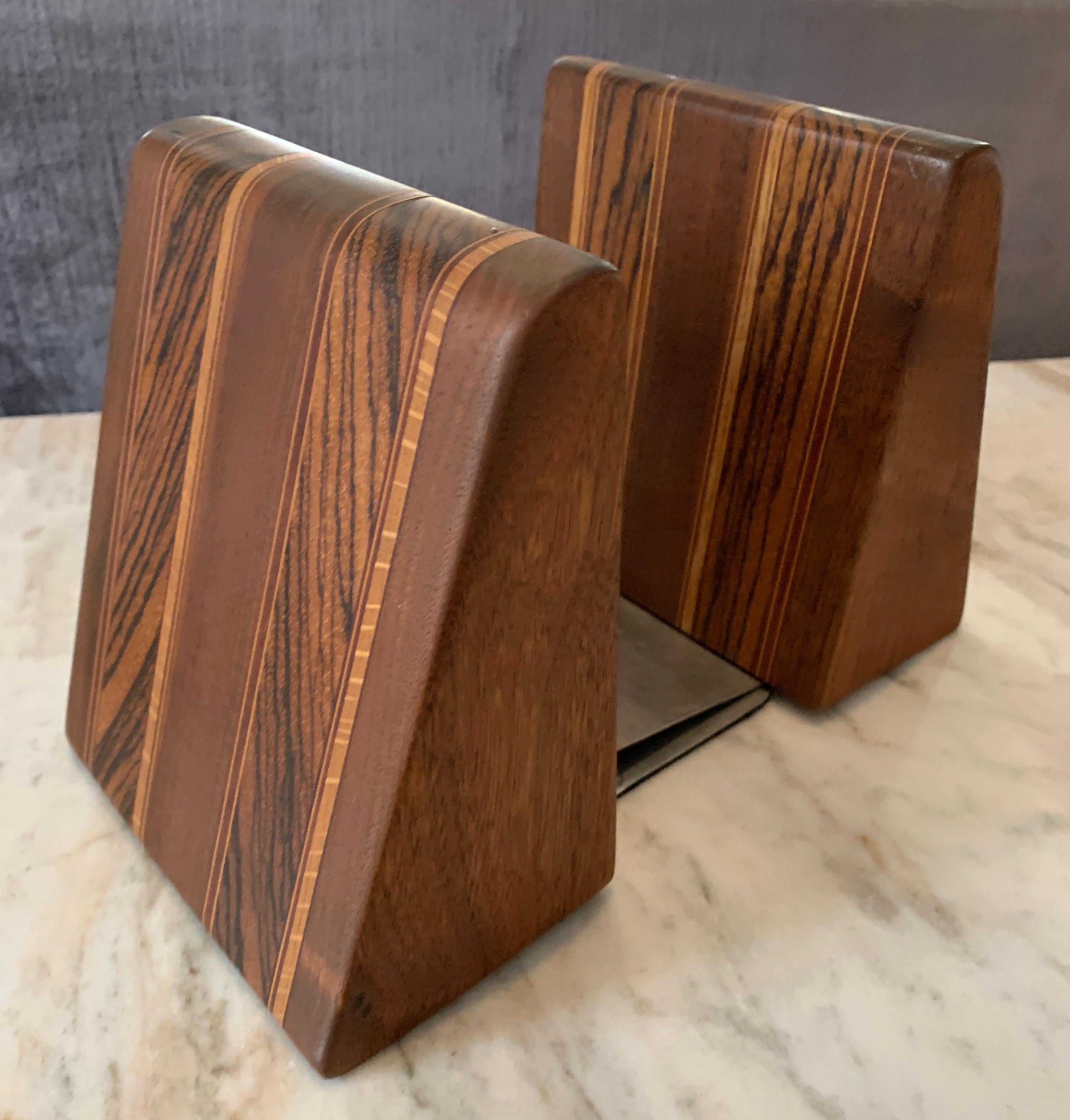 Angular inlay patterned wooden bookends with metal slide - a wonderful pair, in the Manner of Don Shoemaker - an array of patterns and solid pieces ready to show off the shelf or tabletop!