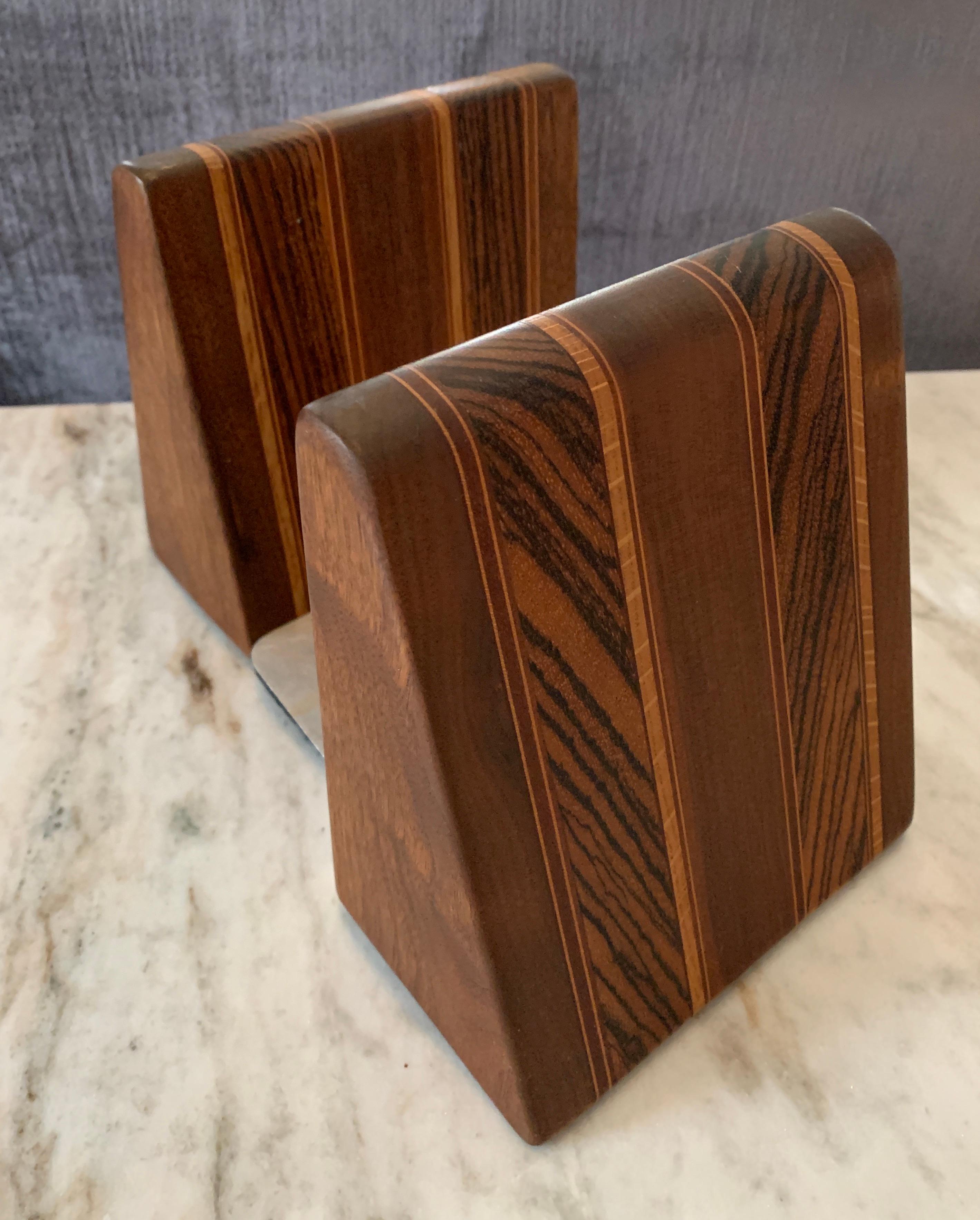 Mid-Century Modern Angular Inlay Patterned Wooden Bookends with Metal Slide