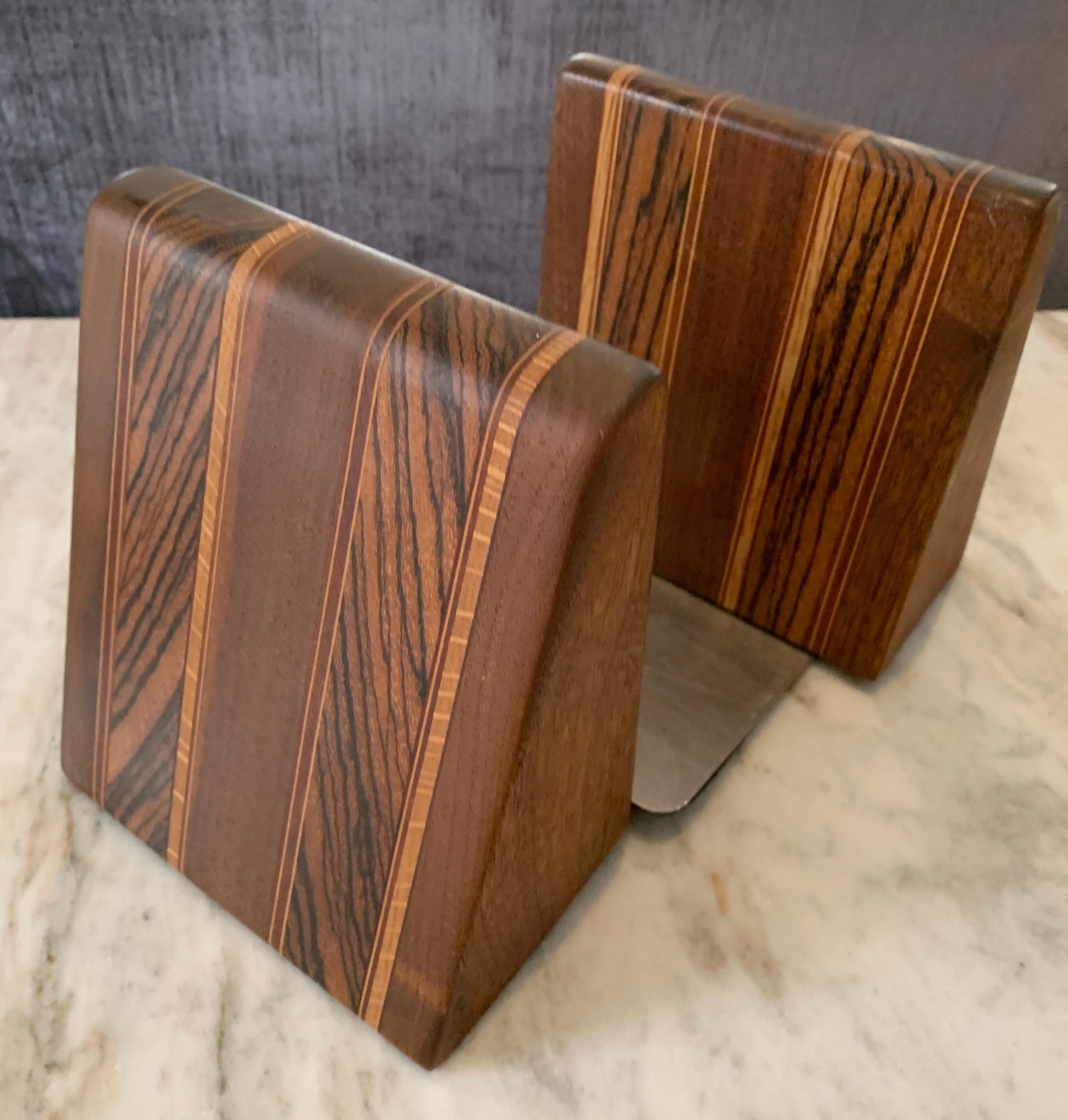 Angular Inlay Patterned Wooden Bookends with Metal Slide In Good Condition In Los Angeles, CA