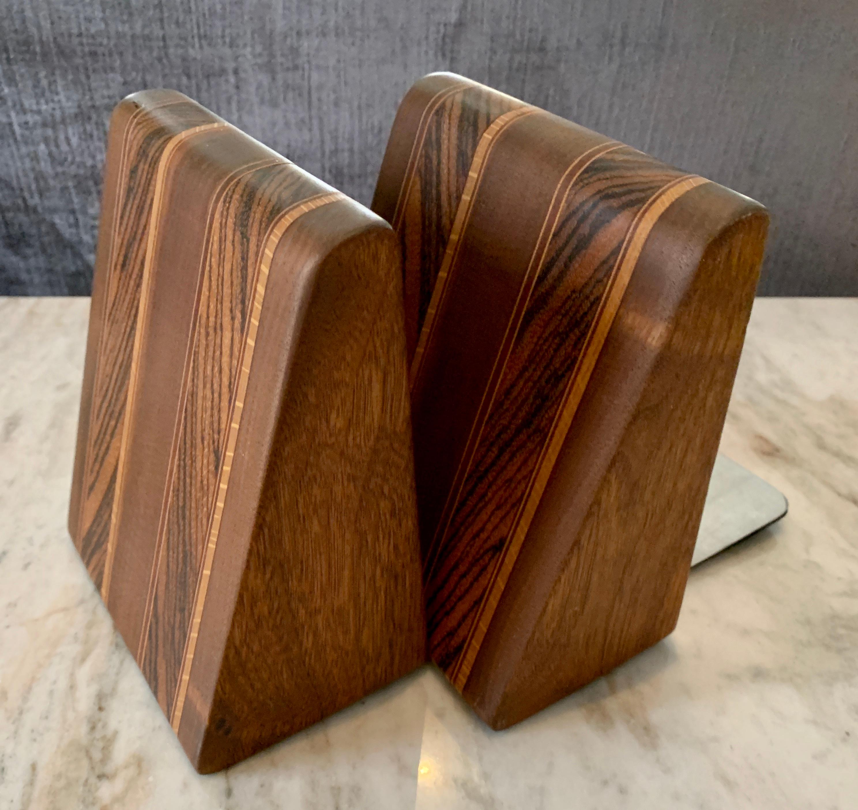 20th Century Angular Inlay Patterned Wooden Bookends with Metal Slide