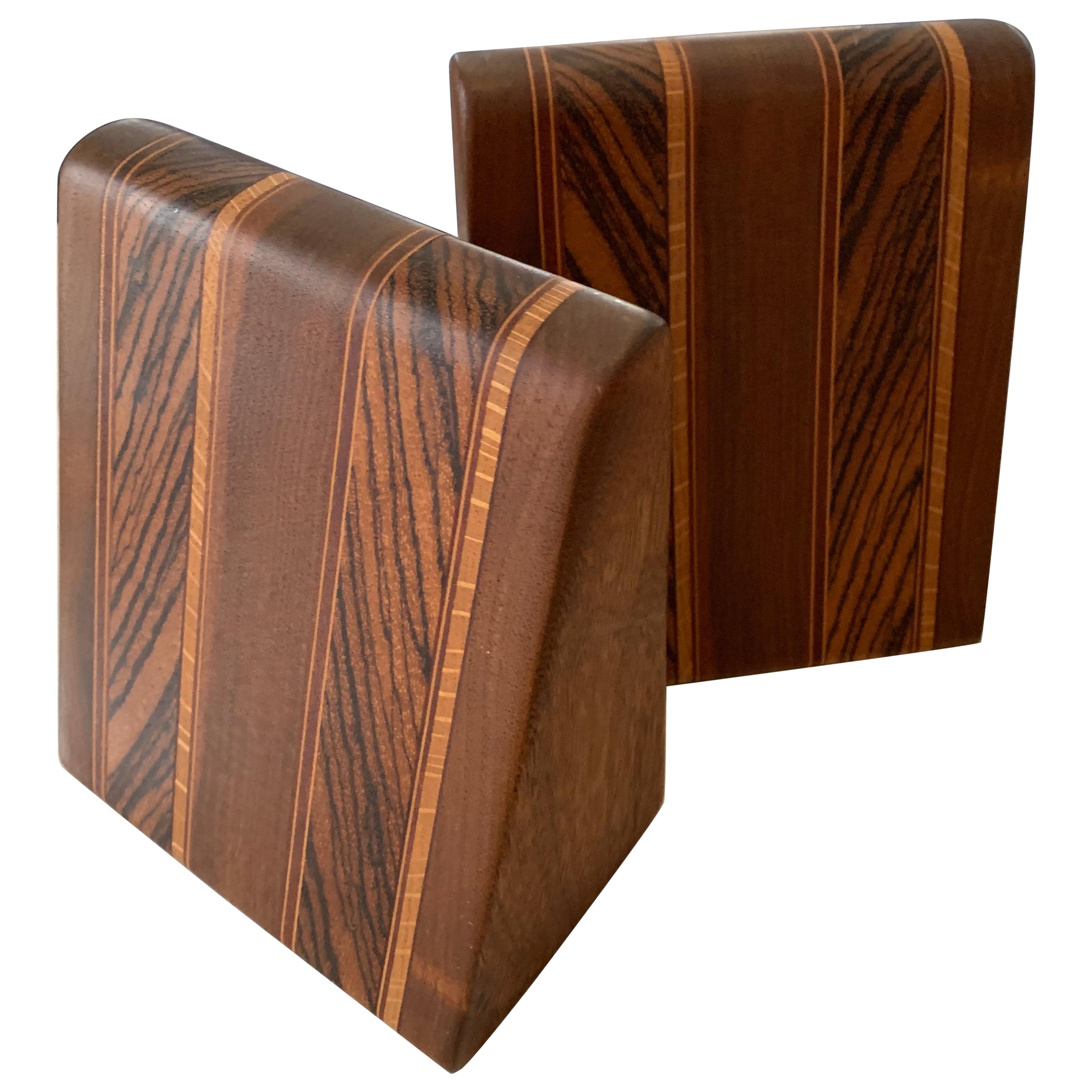 Angular Inlay Patterned Wooden Bookends with Metal Slide