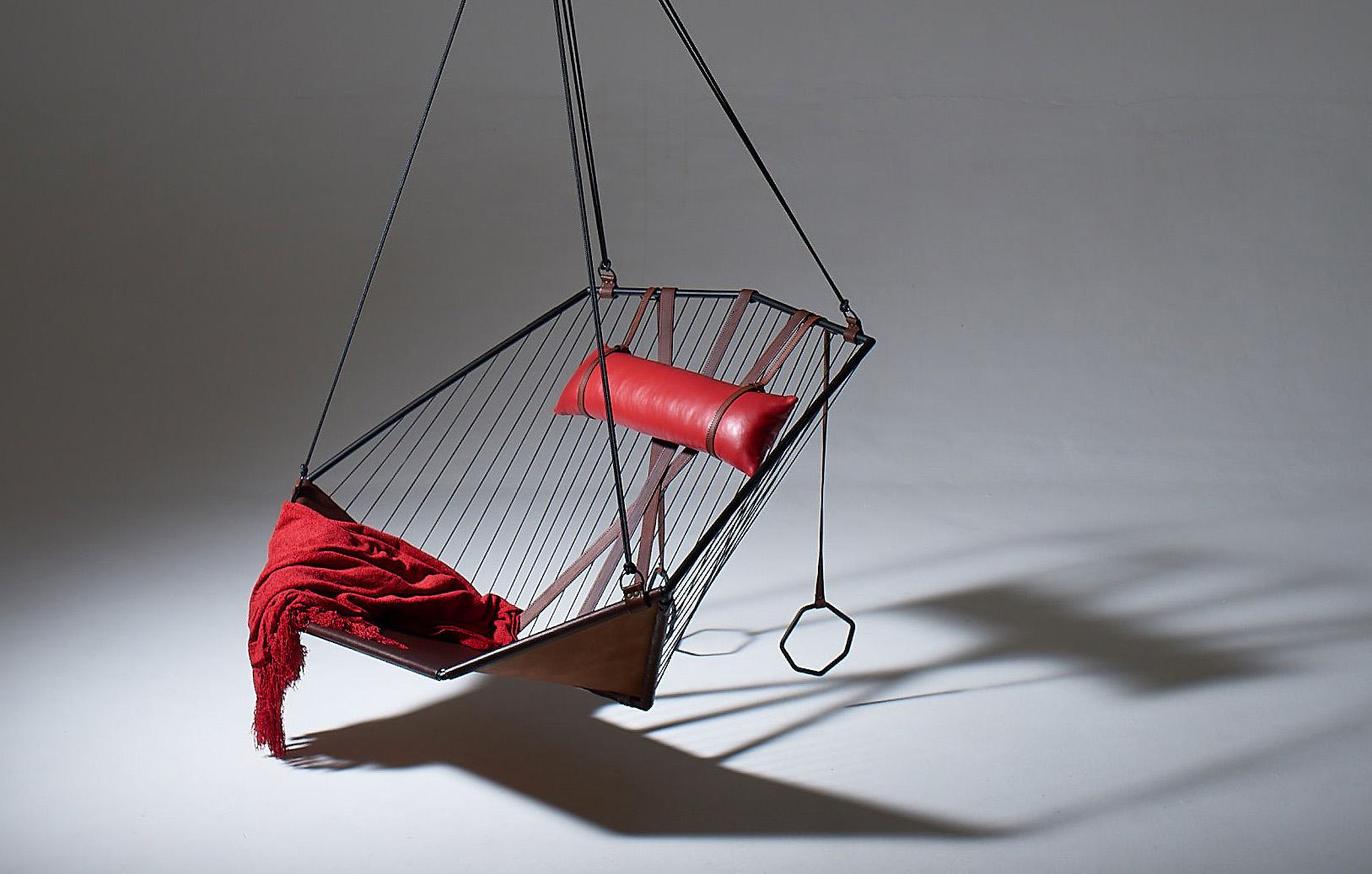 Angular Sling Hanging Swing Chair Genuine Leather 21st Century Modern 2