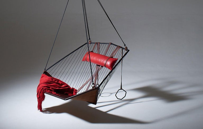 Angular Sling Hanging Swing Chair Genuine Leather 21st Century Modern 3