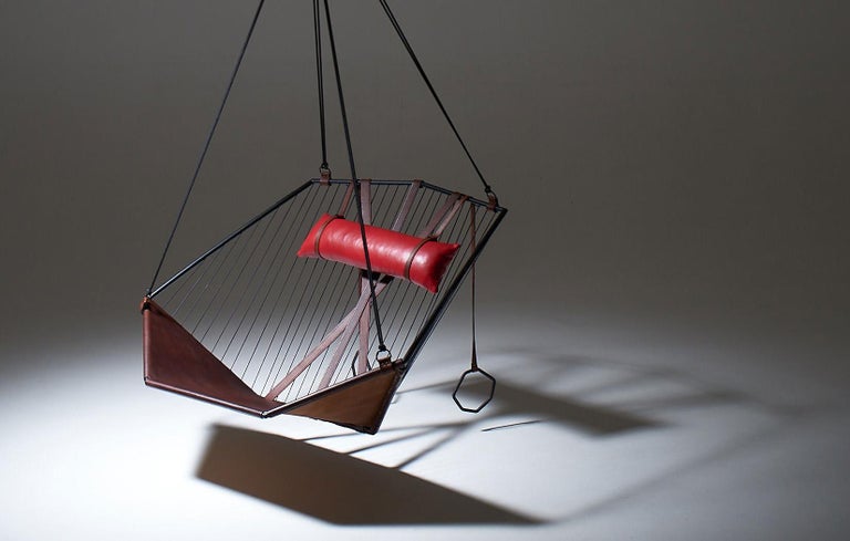 Angular Sling Hanging Swing Chair Genuine Leather 21st Century Modern 4