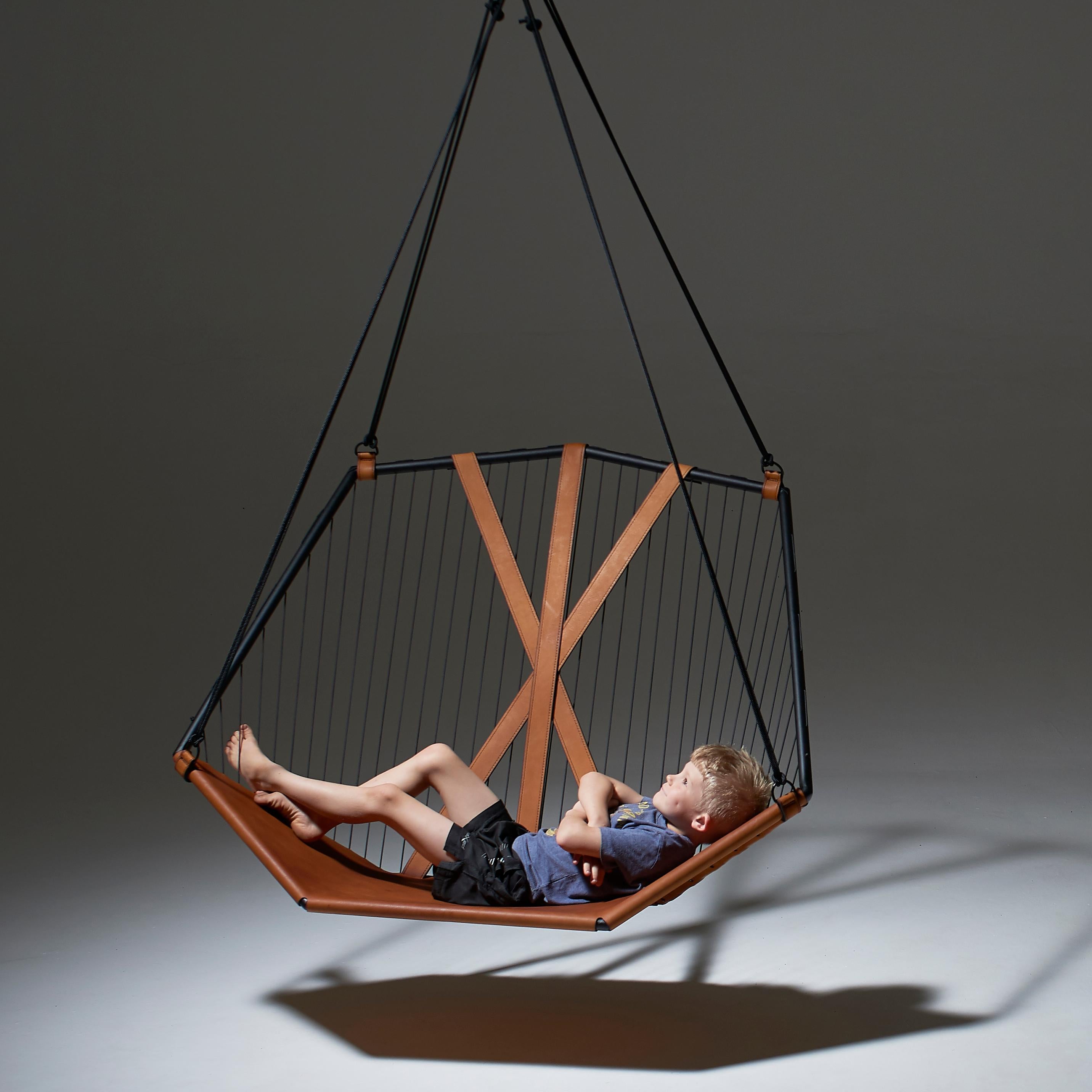 Contemporary Angular Sling Hanging Swing Chair Genuine Leather 21st Century Modern