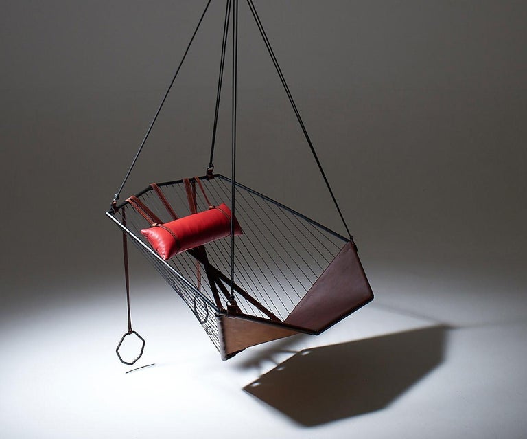 Angular Sling Hanging Swing Chair Genuine Leather 21st Century Modern 2