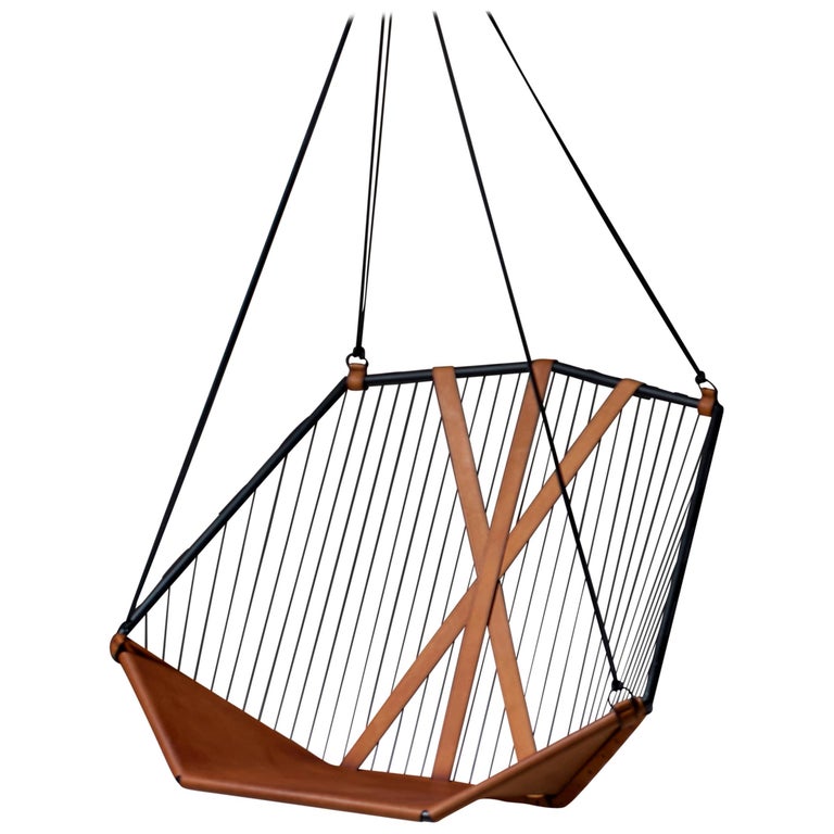 Angular Sling Hanging Swing Chair Genuine Leather 21st Century Modern