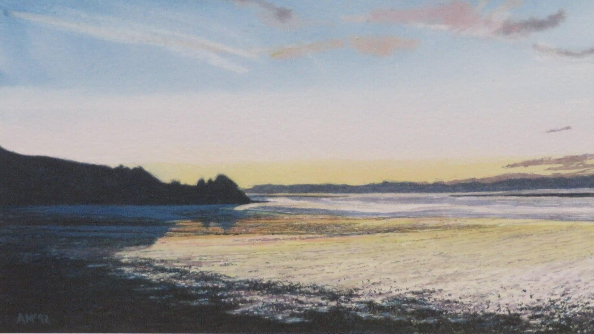 ARTIST: Angus Maywood McEwan RSW (1963-) Scottish

TITLE: “Wormits Bay Sunset”

SIGNED: lower left

MEDIUM: watercolour

SIZE: 45cm x 38cm inc frame

CONDITION: excellent

PRICE: £240

DETAIL: Painter and lecturer, born in Dundee, Angus, who studied