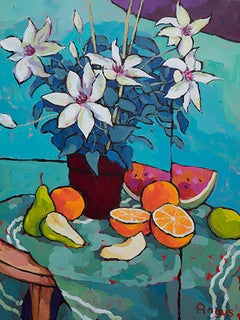 Apricots, Pears, and Lilies (still life, flowers, fruit, blue)
