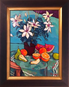 Clématis, poires, oranges et melons d'eau (nature morte, fruits, fleurs, vibrants)