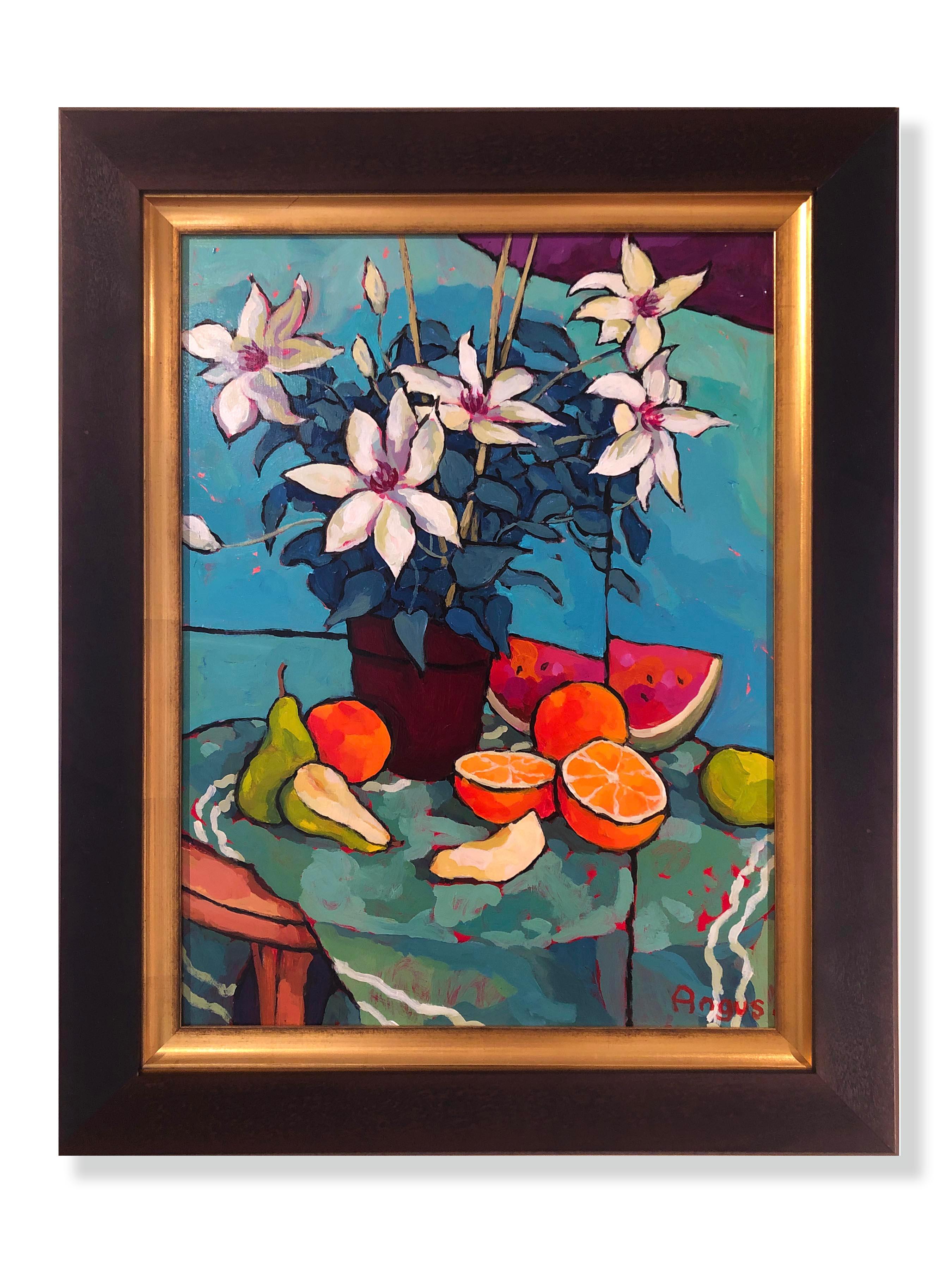 Angus Wilson Still-Life Painting - Clematis, Pears, Oranges, and Watermelon (still life, fruit, flowers, vibrant)