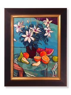 Clematis, Pears, Oranges, and Watermelon (still life, fruit, flowers, vibrant)