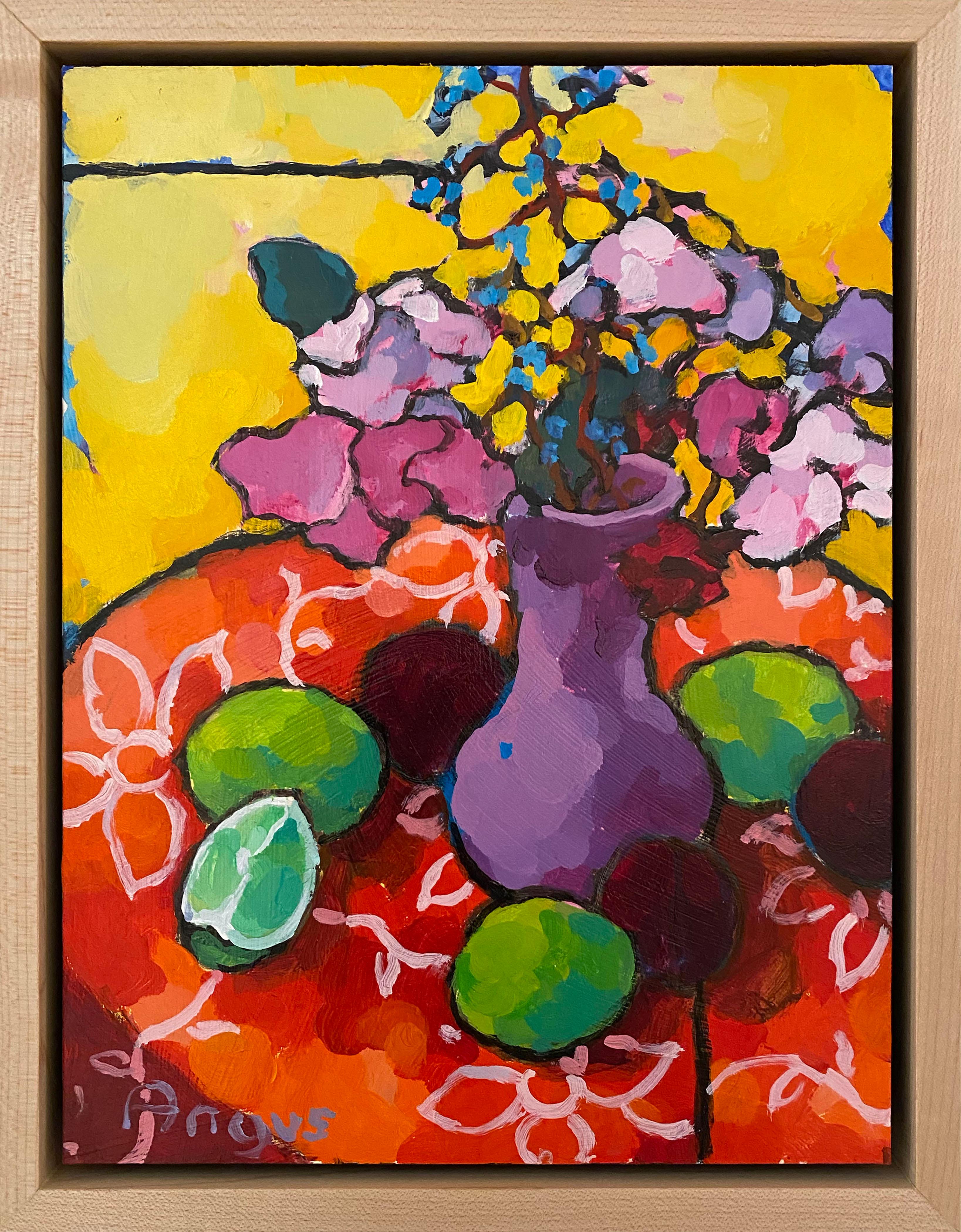 Collection of Limes and Plums Study (still life, fruit, purple, yellow, pink) - Painting by Angus Wilson