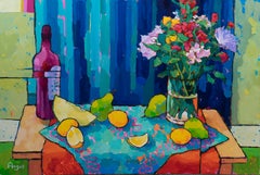 Grouping of Lemons & Pears on Blue (still life, bold strokes, vibrant color)