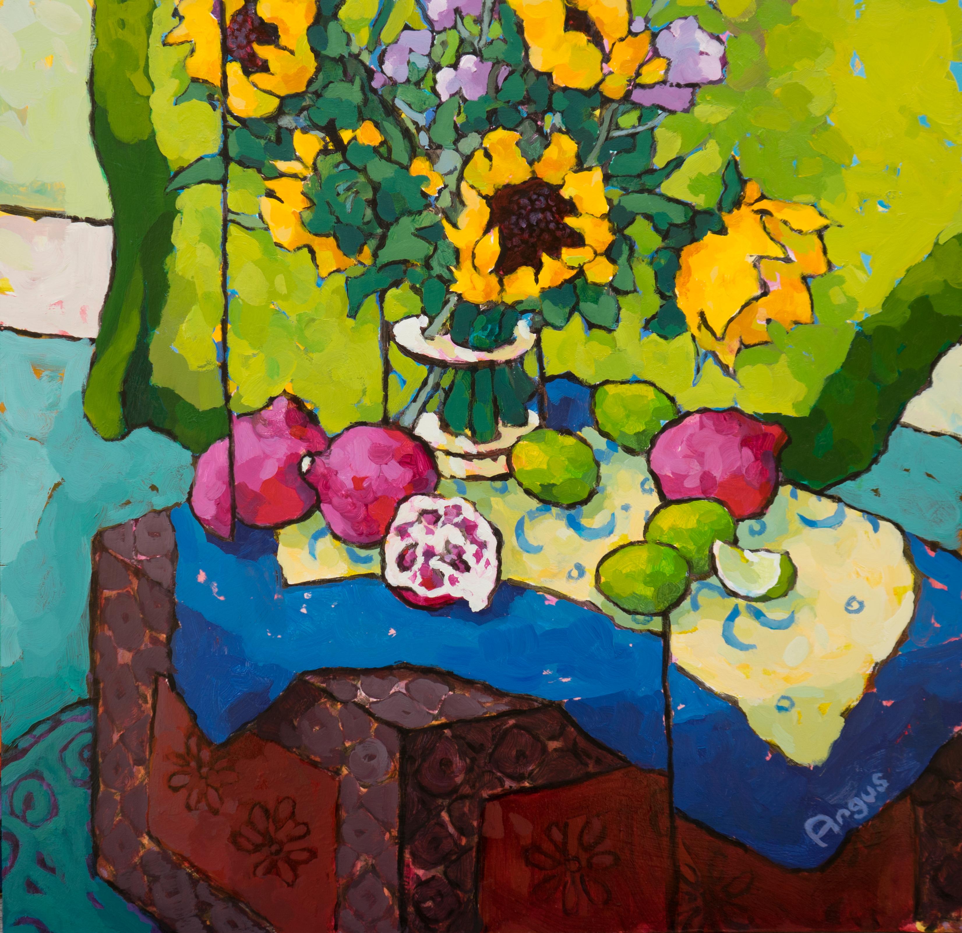 Angus Wilson Still-Life Painting - Sunflowers, Poms & Limes on Painted Box (still life, fruit, flowers, colorful)