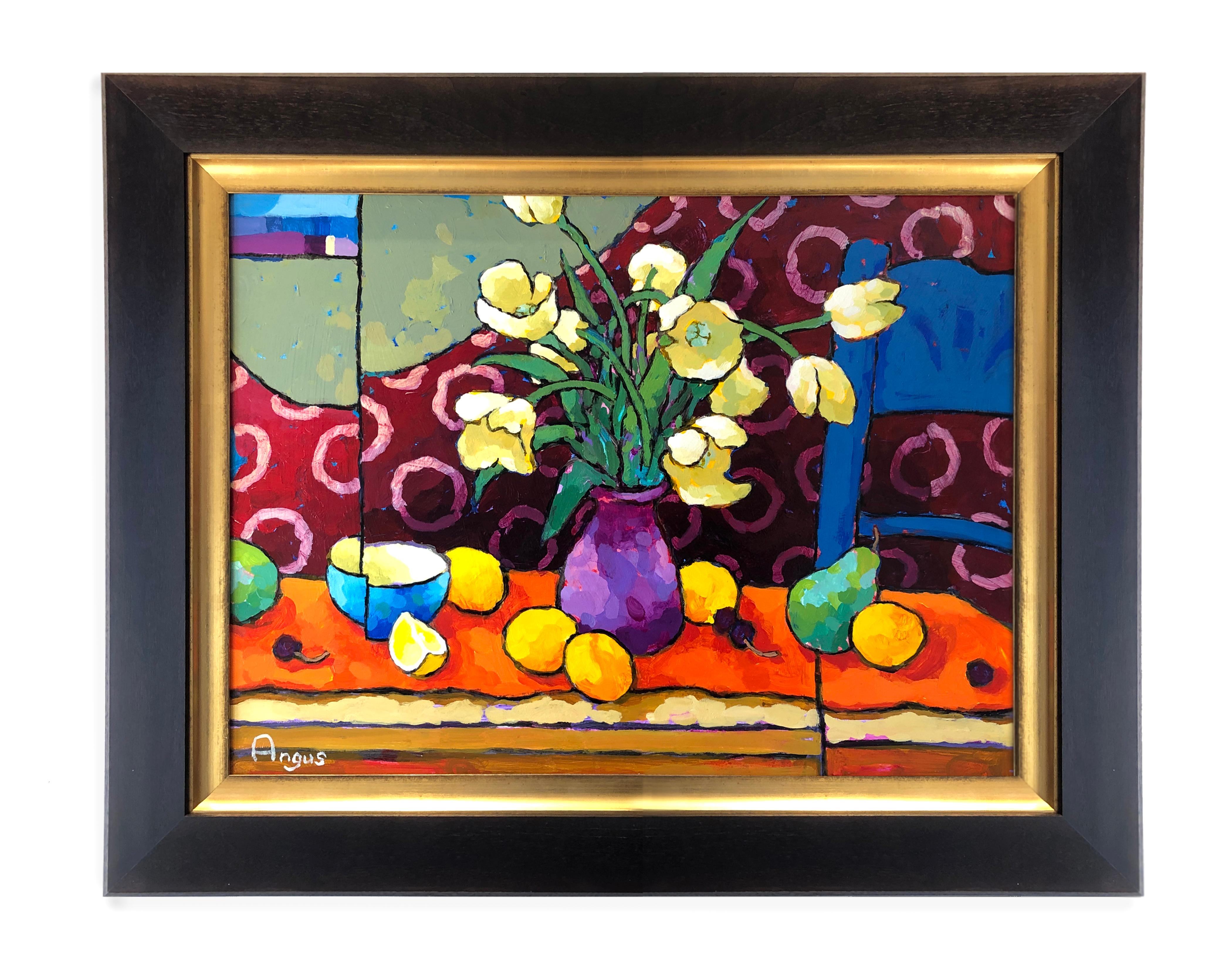 Tulips over Red & Orange with Blue Chair (still life, fruit, yellow tulips) 4